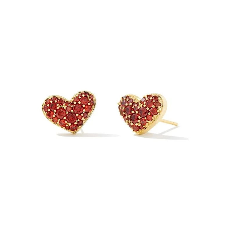 Chunky statement earrings for women -Kendra Scott Gold Ari Pave Heart Stud Earring in Red Crystal