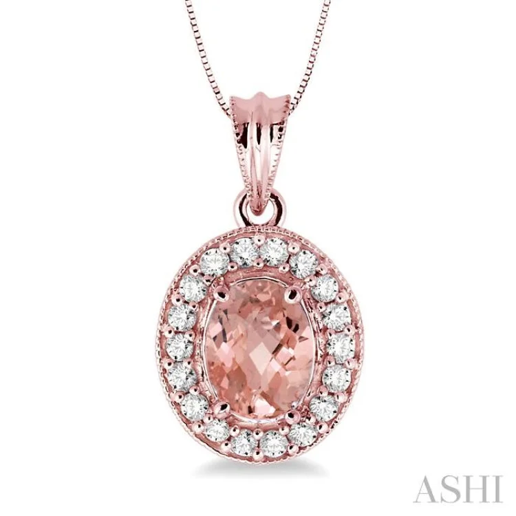 necklaces with peridot green -8x6mm Oval Cut Morganite and 1/3 Ctw Round Cut Diamond Pendant in 14K Rose Gold with Chain