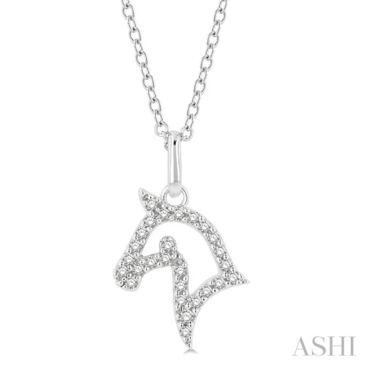 necklaces for mothers gift -1/10 Ctw Horse Head Petite Round Cut Diamond Fashion Pendant With Chain in 10K White Gold