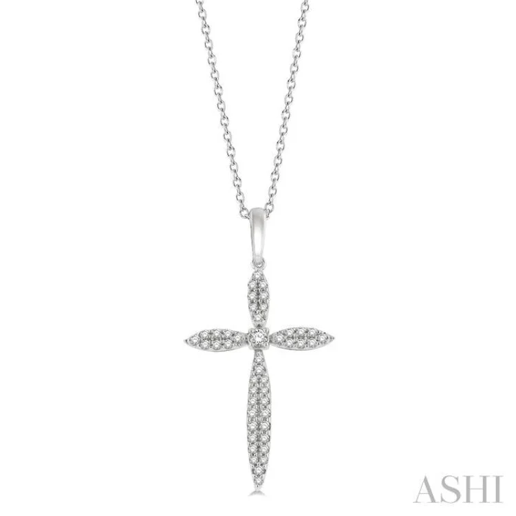 necklaces layered trendy look -1/4 Ctw Marquise Shape Round Cut Diamond Cross Pendant With Chain in 10K White Gold