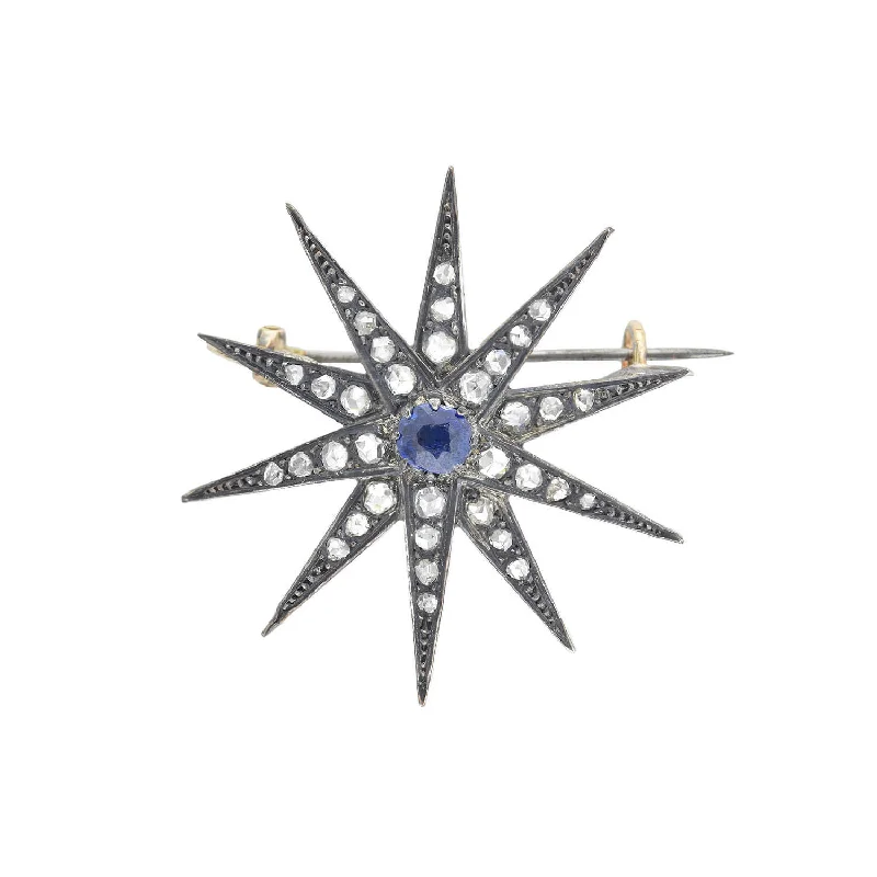 Elegant three-stone engagement rings for women -Victorian 14k/Sterling Diamond + Sapphire Starburst Pin