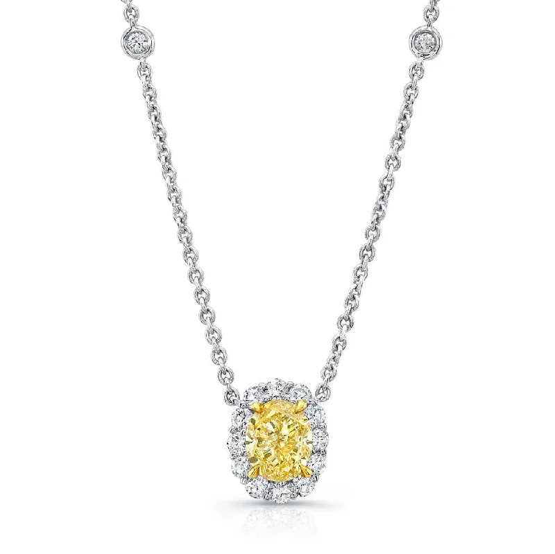 necklaces for gifting ideas -Uneek Oval Fancy Yellow Diamond Pendant with Round Diamond Halo and Bezel Chain Accents