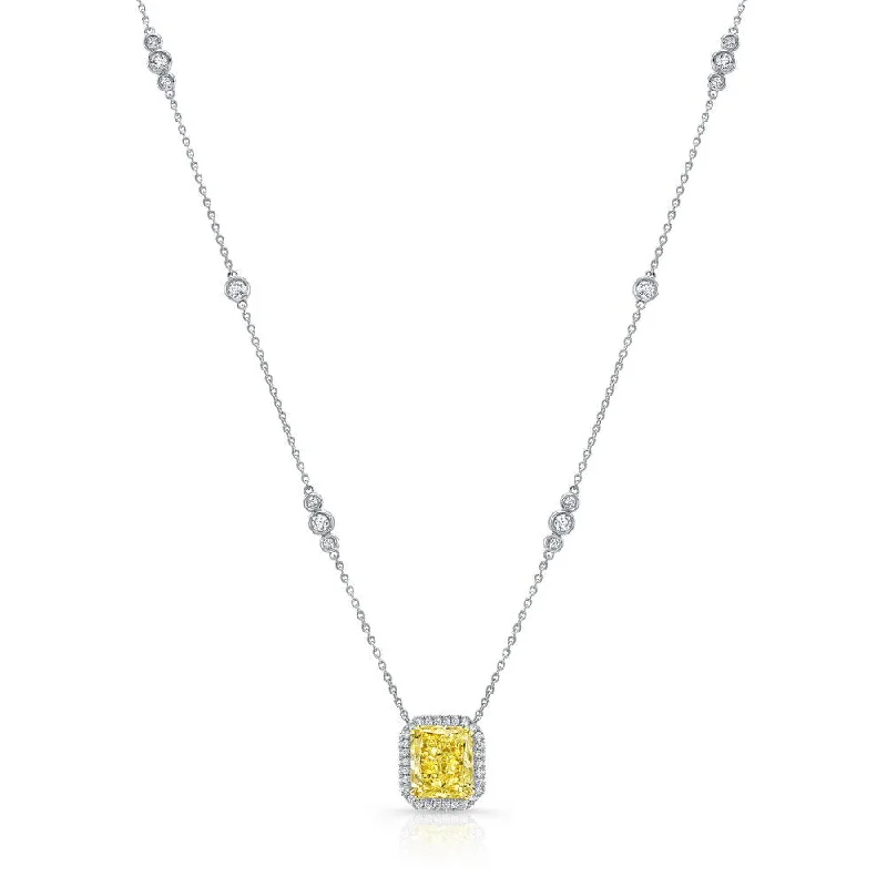 necklaces layered trendy look -Uneek Natureal Collection Halo Radiant Yellow Diamond Pendant