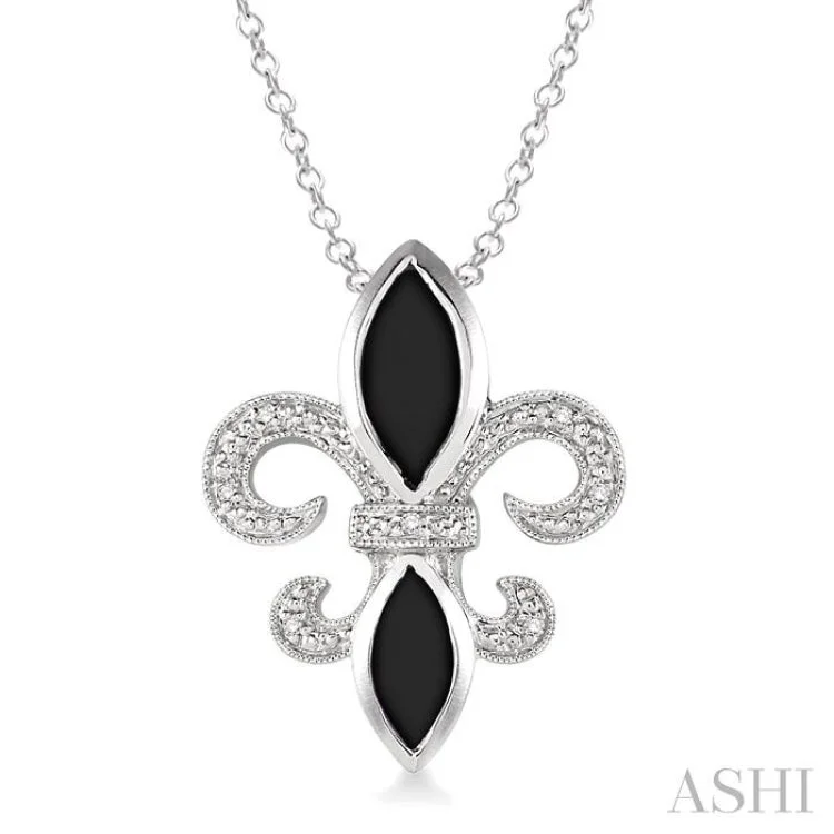 necklaces with rose quartz -10x5 & 8x4 mm marquise cut Onyx and 1/50 Ctw Single Cut Diamond Fleur De Lis Pendant in Sterling Silver with Chain