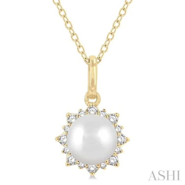 necklaces with engraved name -1/10 ctw Petite Sun 6X6MM Cultured Pearl and Round Cut Diamond Fashion Pendant With Chain in 10K Yellow Gold