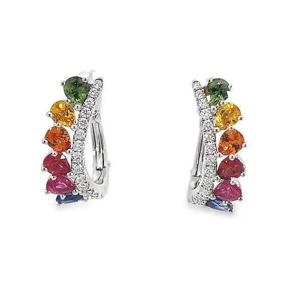 Affordable earrings for women -18K Gold Rainbow Sapphire & Diamond Hoop Earrings