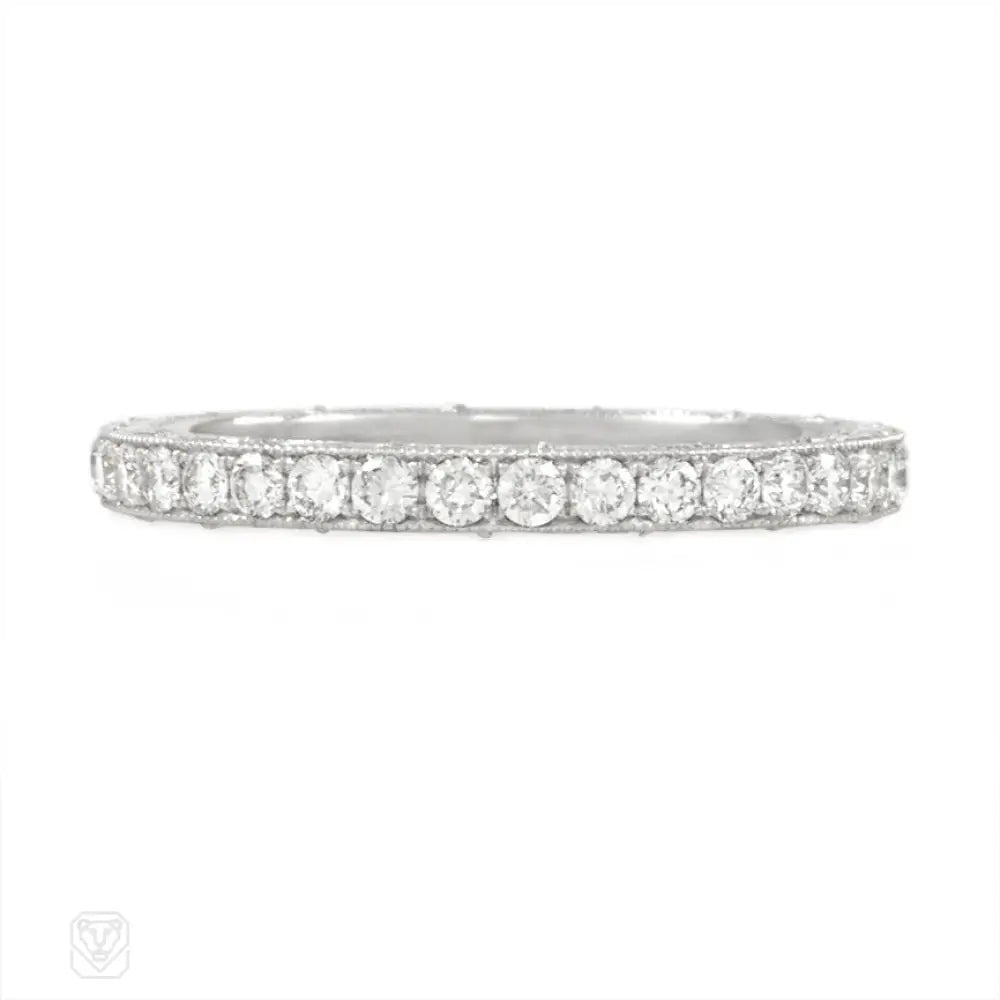 Ladies marquise cut engagement rings -Hand engraved platinum and diamond eternity band