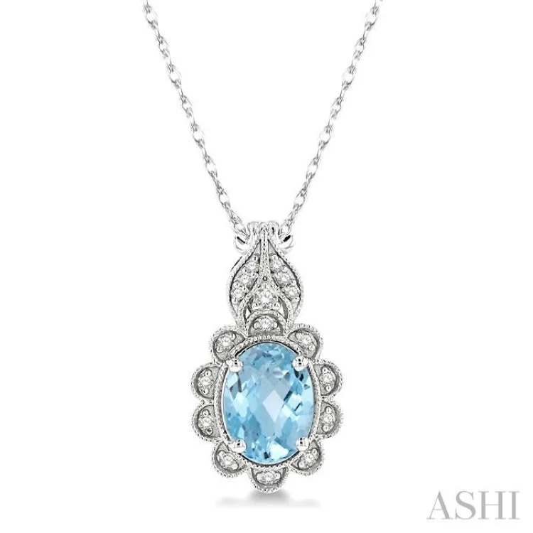 necklaces with opal gem -1/10 Ctw Floral 8x6MM Oval Cut Aquamarine and Round Cut Diamond Semi Precious Pendant With Chain in 10K White Gold