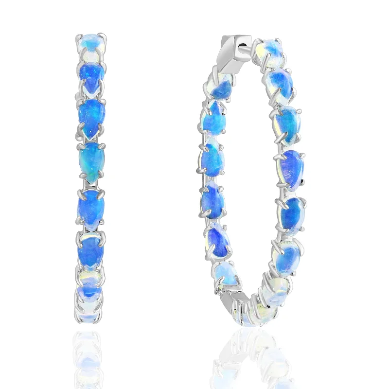 Ladies geometric earrings -14K White Gold Pear Shape Opal Inside Out Hoops