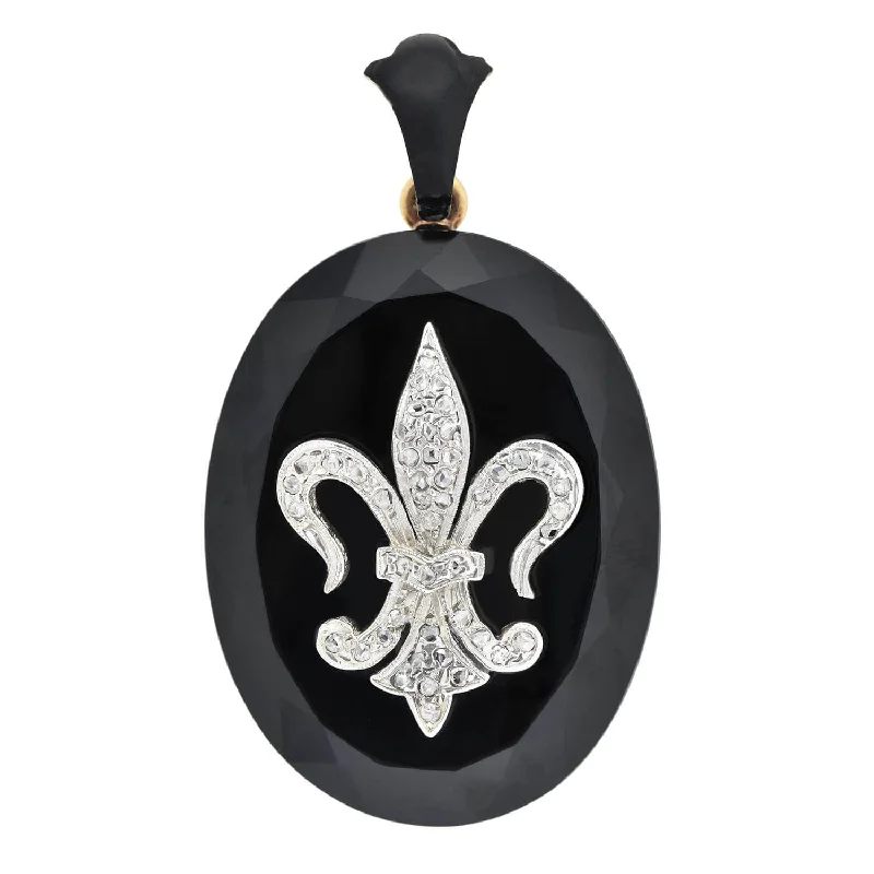 necklaces with peridot green -Victorian 14kt Faceted Onyx Locket with Diamond Fleur-de-Lys