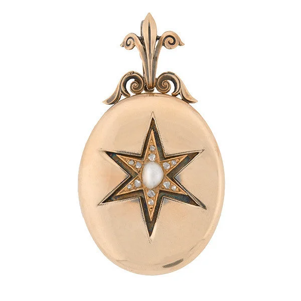 necklaces affordable luxury -Victorian 15kt Diamond & Pearl Starburst Locket