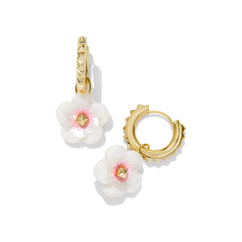 Ladies hoop earrings in silver -Kendra Scott Gold Deliah Huggies in Iridescent Pink White Mix