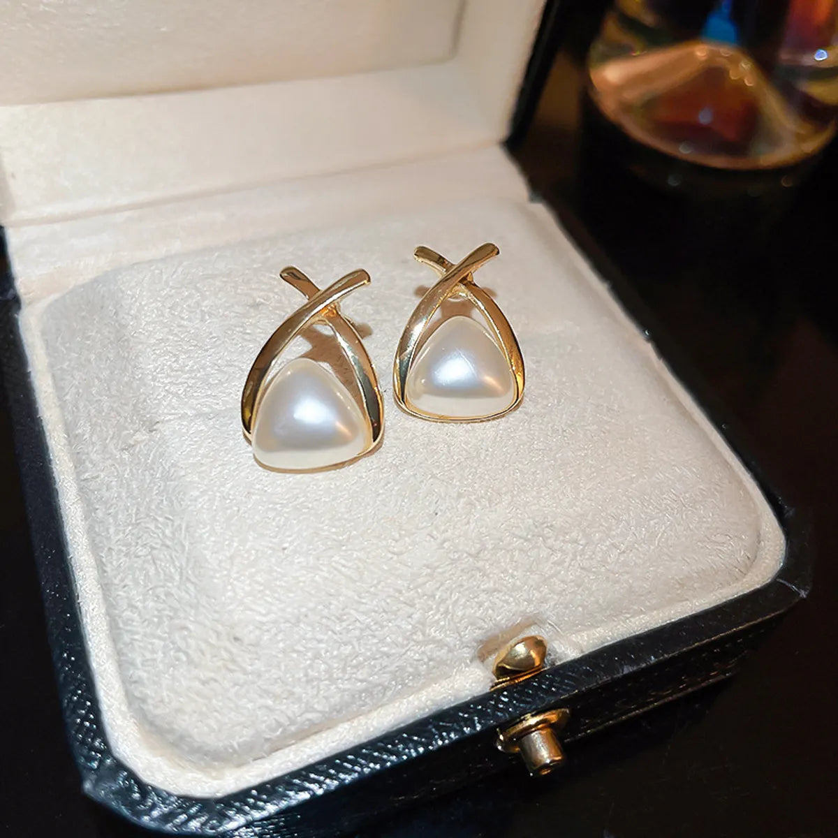 X-Shaped Cross Triangle Pearl Earrings