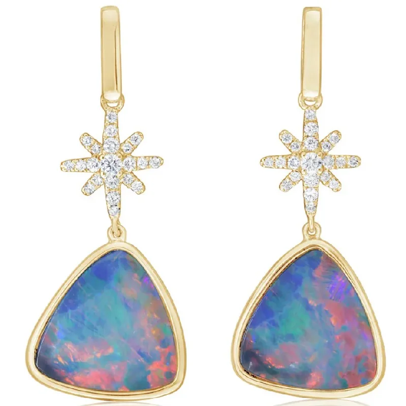 Minimalist earrings for women -14K Gold Australian Opal Doublet & Diamond Star Earrings