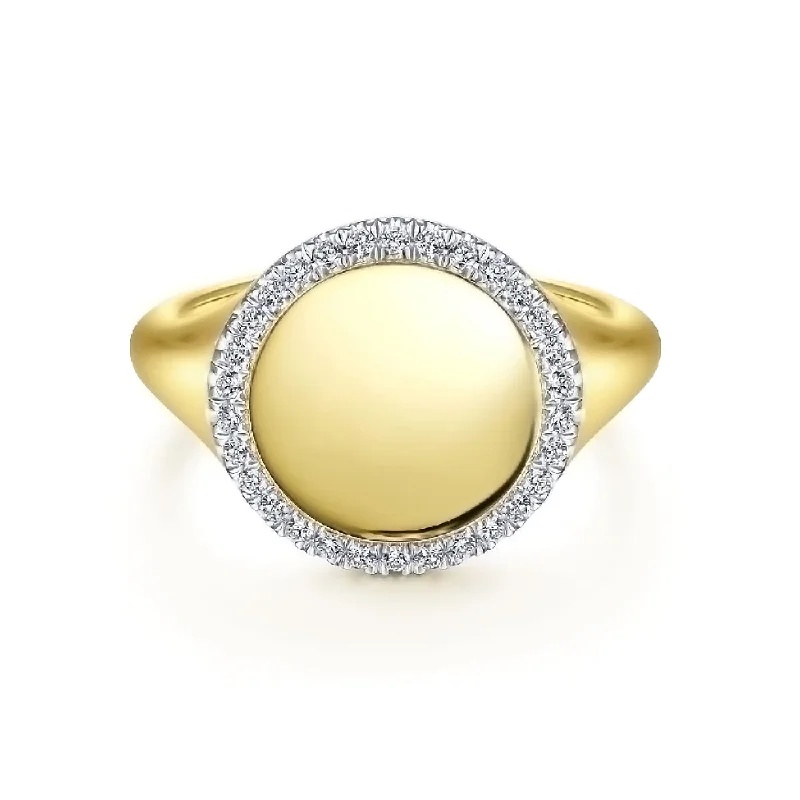 Bold statement engagement rings for women -14K Yellow Gold Pinky Signet Ring with Diamond Halo