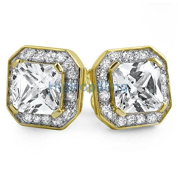 Ladies crystal stud earrings -Gold Iced Out Princess CZ Micro Pave Earrings