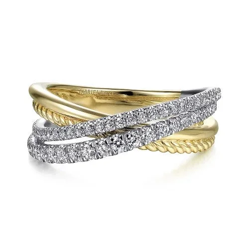 Classic round engagement rings for ladies -14K White-Yellow Gold Twisted Rope and Diamond Criss Cross Ring