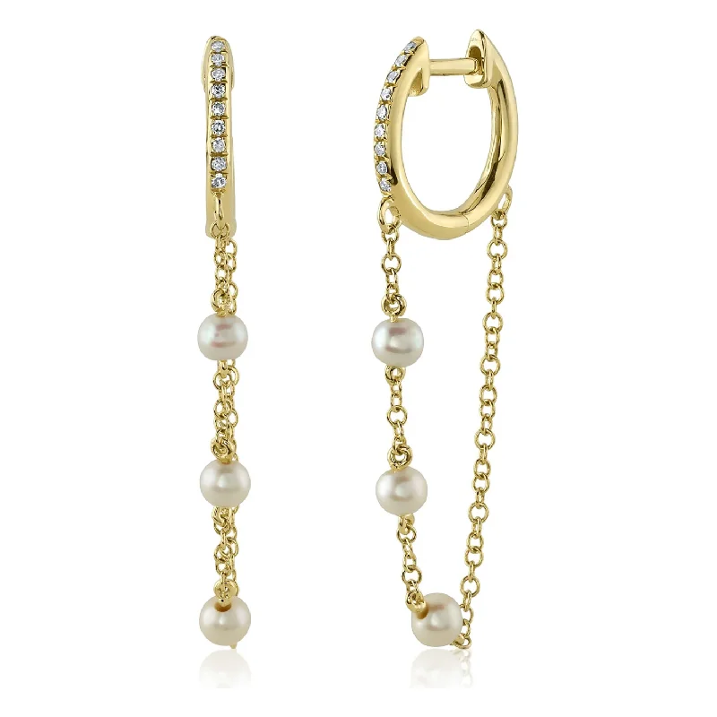 Vintage-inspired earrings for ladies -14K Yellow Gold Diamond & Pearl Chain Huggie Earrings