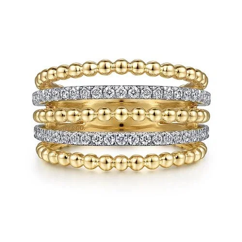 Ladies bold diamond engagement rings -14K Yellow Gold Multi Row Bujukan Beads and Diamond Easy Stackable Ring