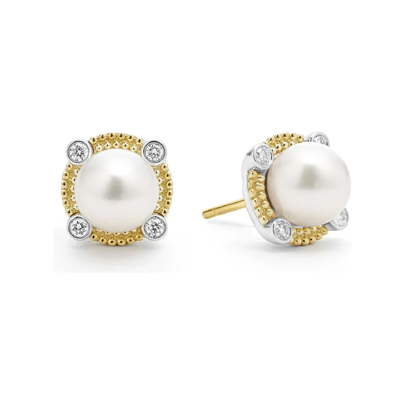 Ladies moonstone earrings -Lagos Sterling Silver & 18K Gold Luna Lux Pearl & Diamond Stud Earrings