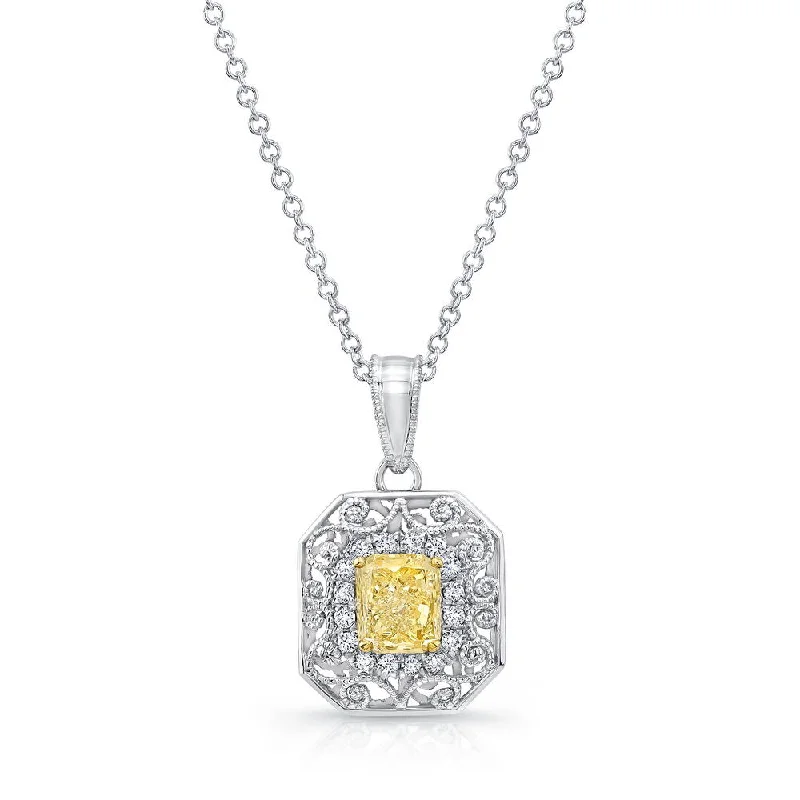 necklaces sleek modern design -Uneek Radiant-Cut Fancy Yellow Diamond Pendant with Diamond and Filigree Halo