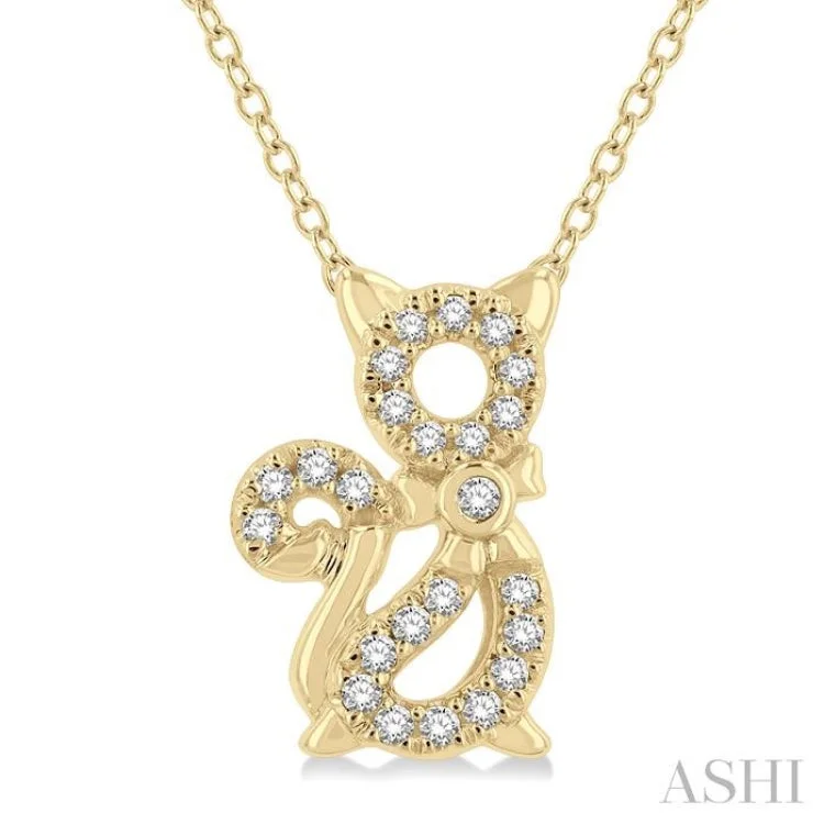 necklaces for stylish women -1/10 Ctw Cat Motif Petite Round Cut Diamond Fashion Pendant With Chain in 10K Yellow Gold