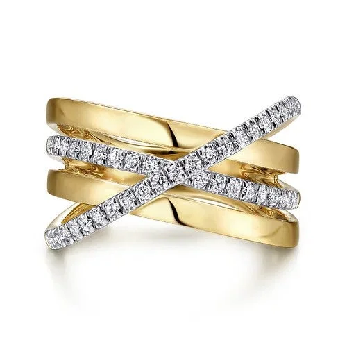 Ladies heart-shaped engagement rings -14K White-Yellow Gold Polished Band and Diamond Row Criss Cross Ring