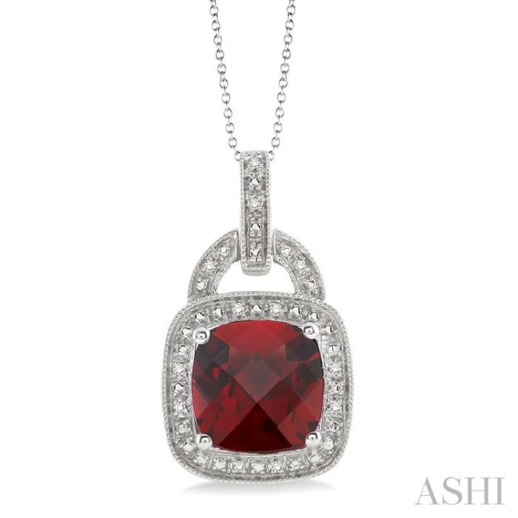 necklaces chic modern style -10x10mm Cushion Cut Garnet and 1/20 Ctw Single Cut Diamond Pendant in Sterling Silver with Chain