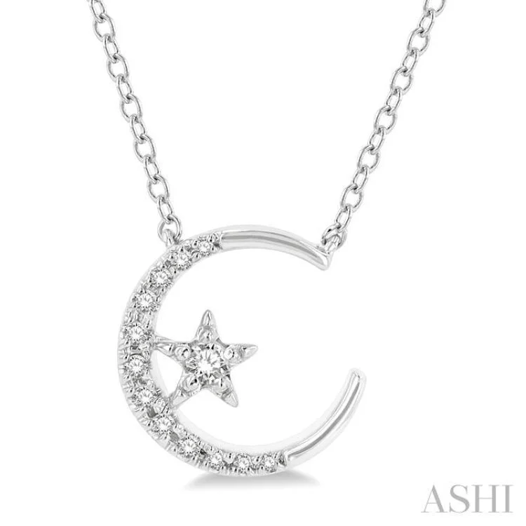 necklaces boho chic vibe -1/10 Ctw Crescent Moon and Star Round Cut Petite Diamond Fashion Pendant With Chain in 10K White Gold