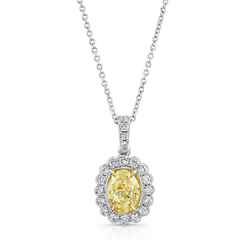 necklaces with infinity symbol -Uneek Oval Fancy Yellow Diamond Pendant with Scallop-Style Diamond Halo