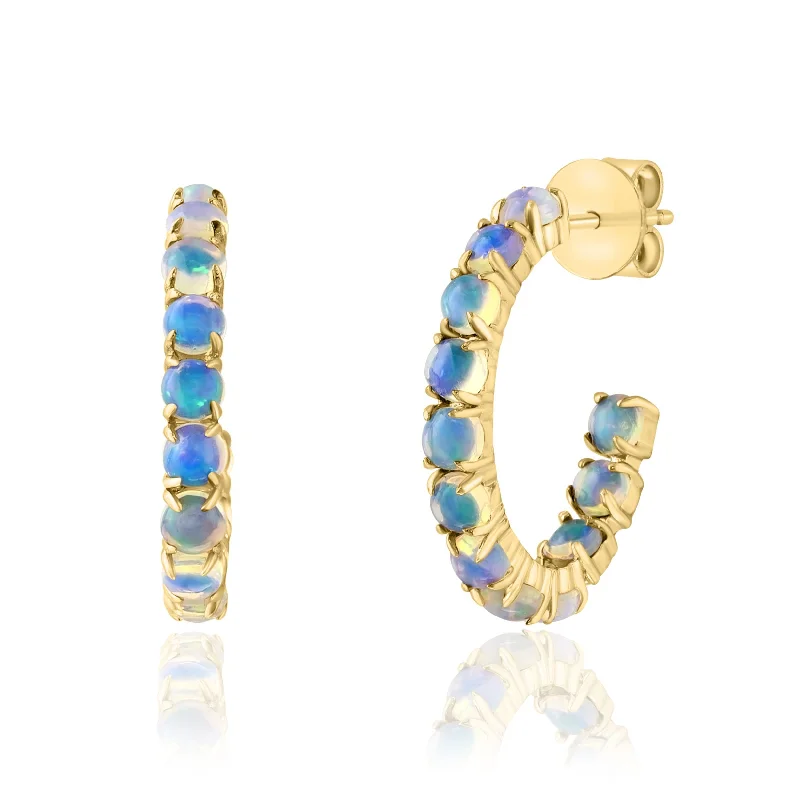 Trendy statement earrings for women -14K Yellow Gold Opal Inside Out Hoops