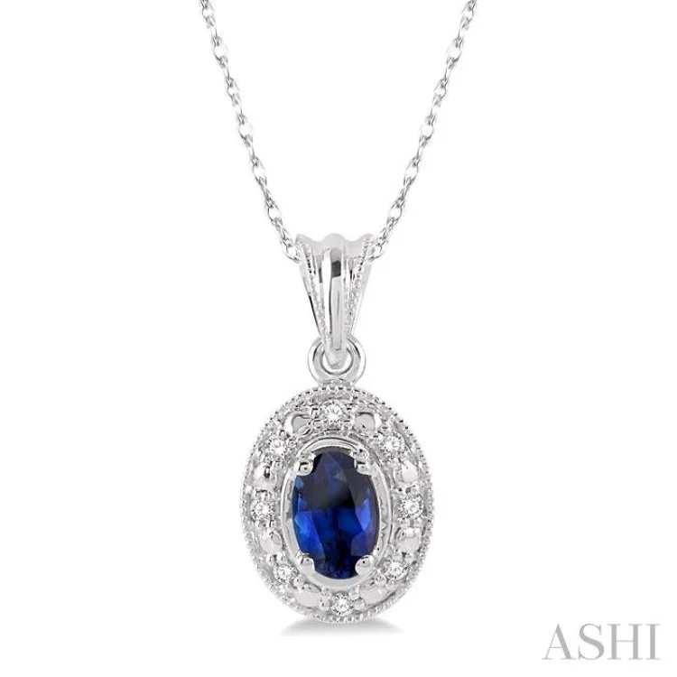 necklaces for vintage lovers -5x3mm Oval Shape Sapphire and 1/20 Ctw Single Cut Diamond Pendant in 14K White Gold with Chain