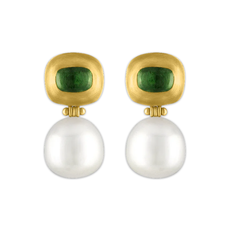 Chunky gold earrings for women -Green Tourmaline and South Sea Pearl Masona Hinge Earrings