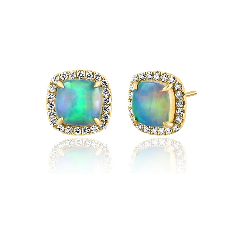 Crystal chandelier earrings for ladies -14K Yellow Gold Opal & Diamond Cushion Halo Studs