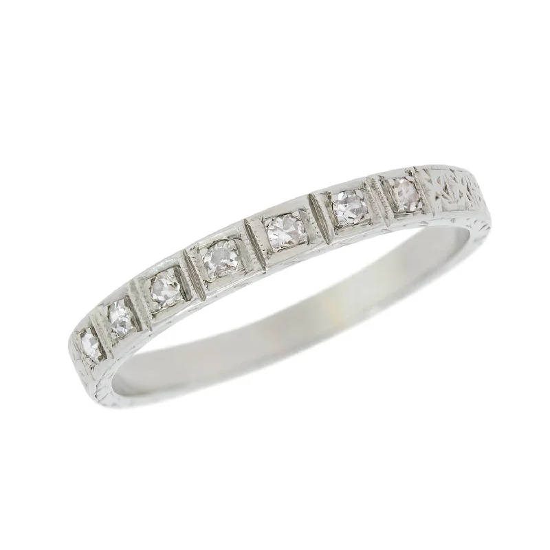 Ladies rose quartz engagement rings -Art Deco 18k Engraved Diamond Eternity Band