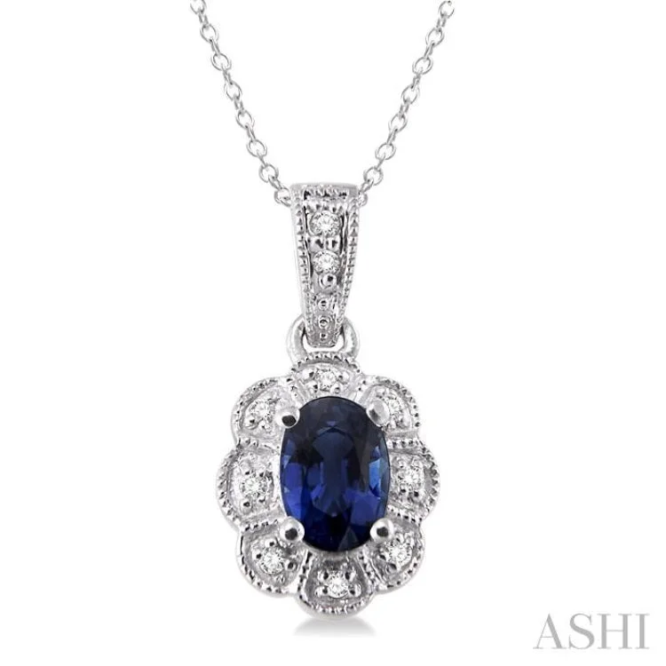 necklaces for mothers gift -6x4 mm Oval Cut Sapphire and 1/20 ctw Single Cut Diamond Pendant in Sterling Silver with Chain