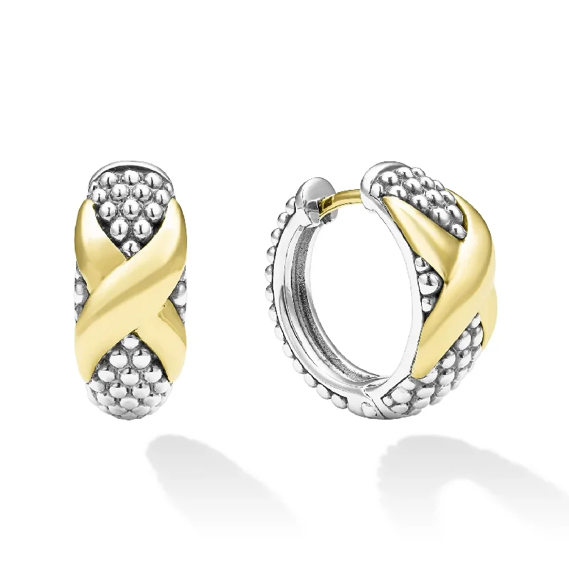 Ladies infinity symbol earrings -Lagos 18K & Sterling Silver Embrace X Station Huggie Earrings