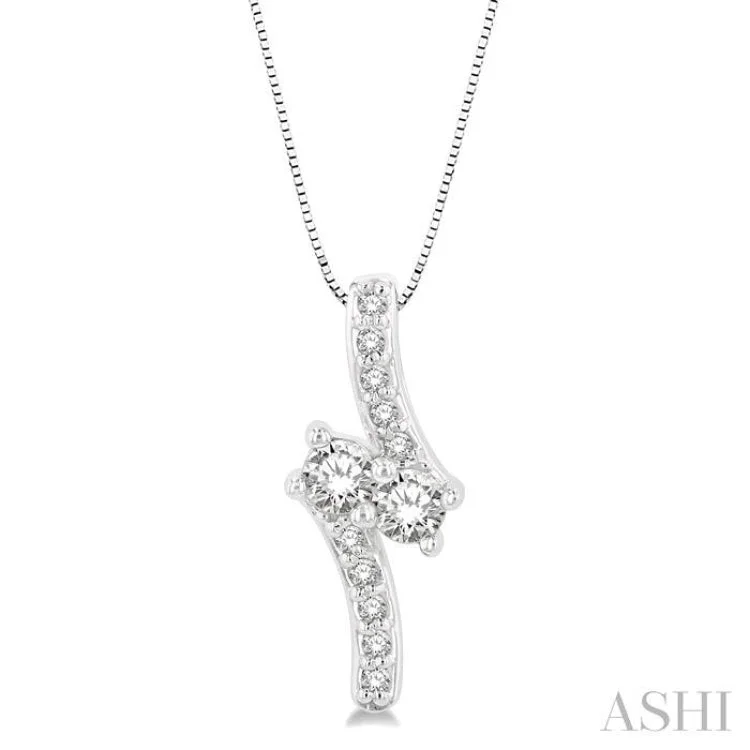 necklaces for office wear -3/8 Ctw Asymmetrical 2Stone Round Cut Diamond Pendant With Box Link Chain in 14K White Gold