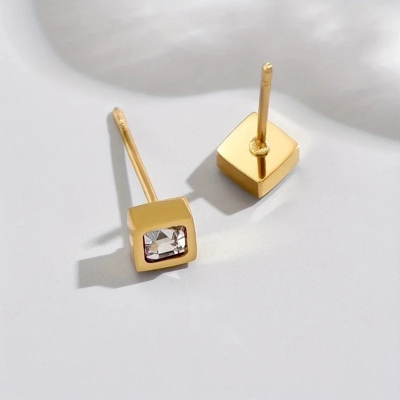 Ladies tribal style earrings -1 Pair Simple Style Square Stainless Steel Plating Inlay Zircon 14k Gold Plated Ear Studs