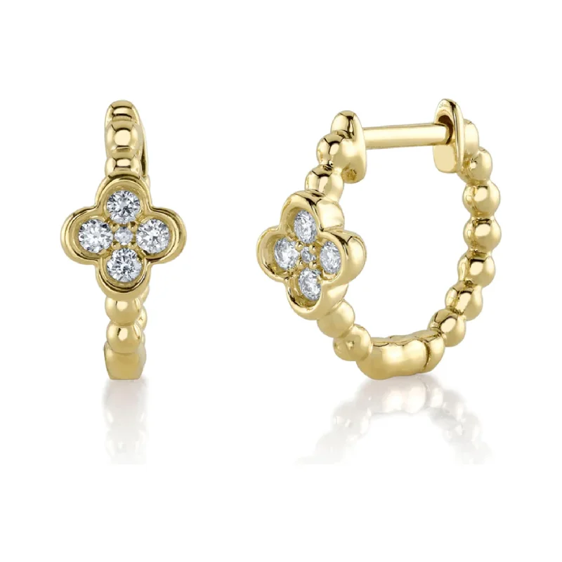 Elegant hoop earrings for women -14K Yellow Gold Diamond Clover Huggie Earrings