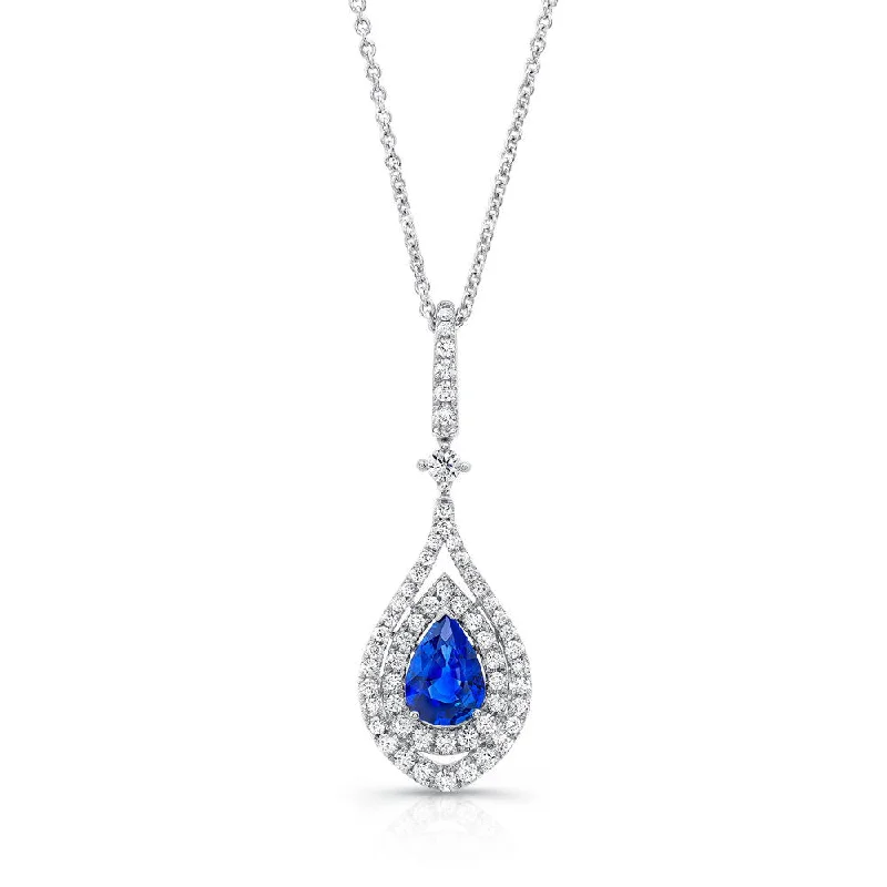 necklaces for birthday gift -Uneek Pear-Shaped Blue Sapphire Pendant with Diamond Double Halo