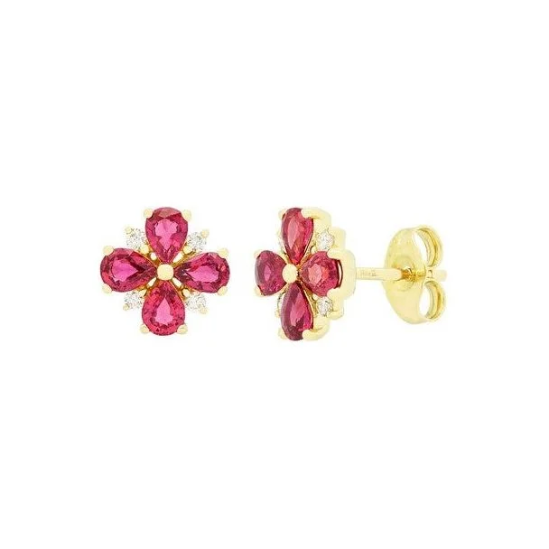 Vintage drop earrings for women -14K Yellow Gold Ruby & Diamond Floral Studs