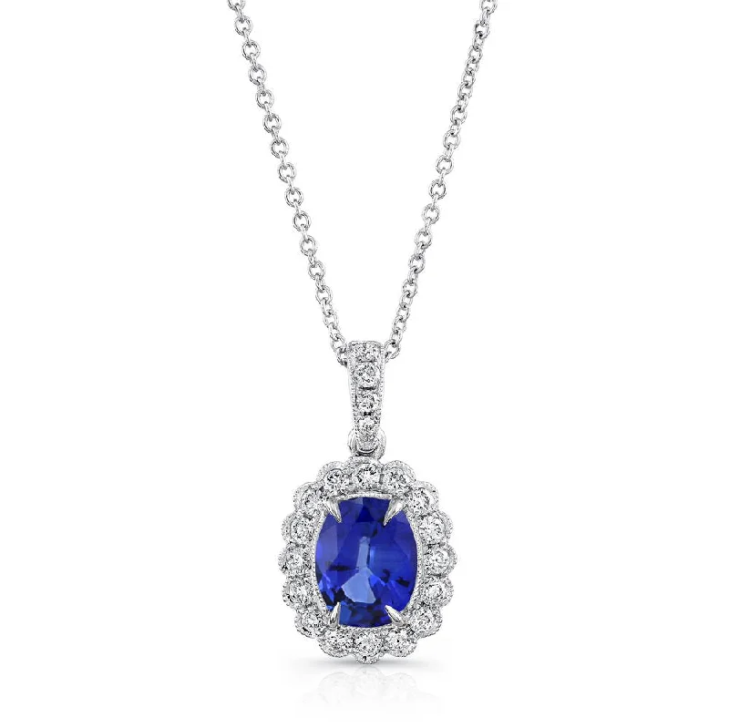 necklaces long chain style -Uneek Oval Blue Sapphire Pendant with Scallop-Style Diamond Halo