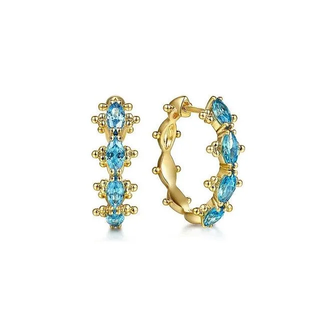 Ladies sterling silver earrings -Gabriel 14K Yellow Gold Blue Topaz Hoop Earrings