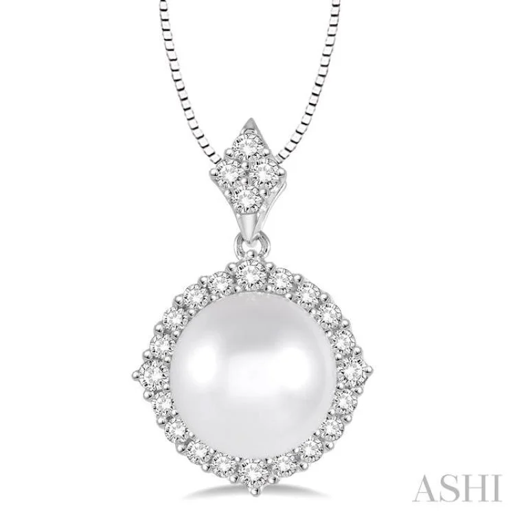 necklaces for young women -10x10MM Cultured Pearl and 1/2 Ctw Round Cut Diamond Pendant in 14K White Gold with chain