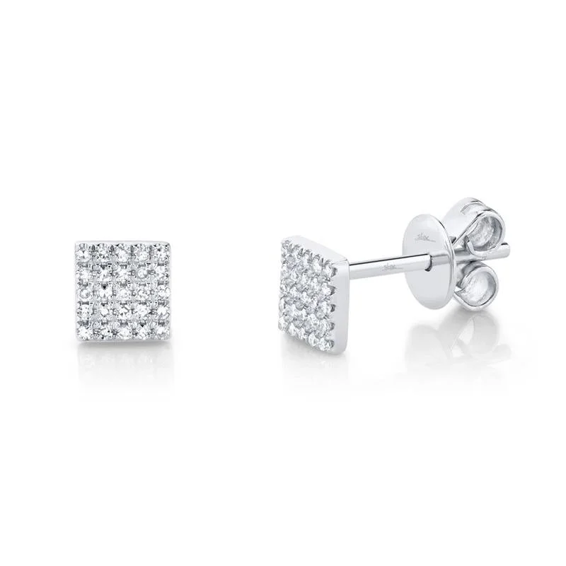 Ladies colorful gemstone earrings -14K White Gold Diamond Square Stud Earrings