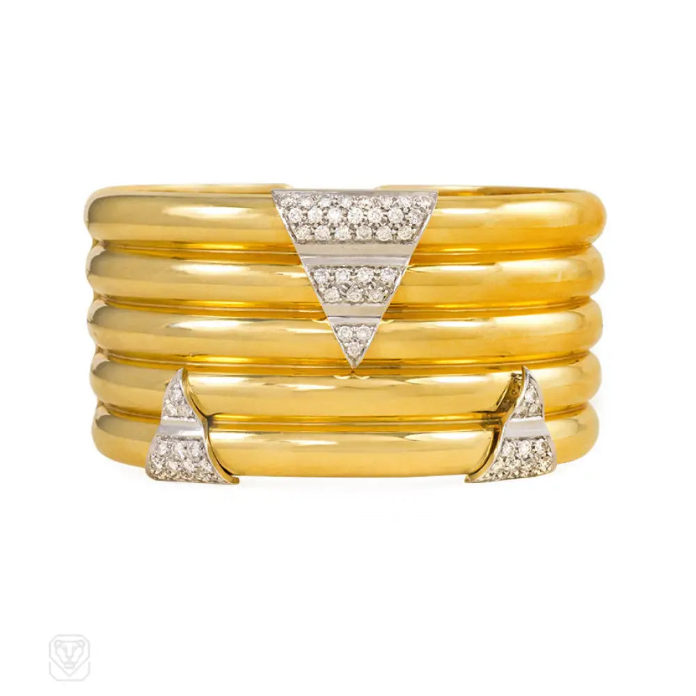 Ladies asymmetrical engagement rings -Gold and diamond ribbed cuff, Italy