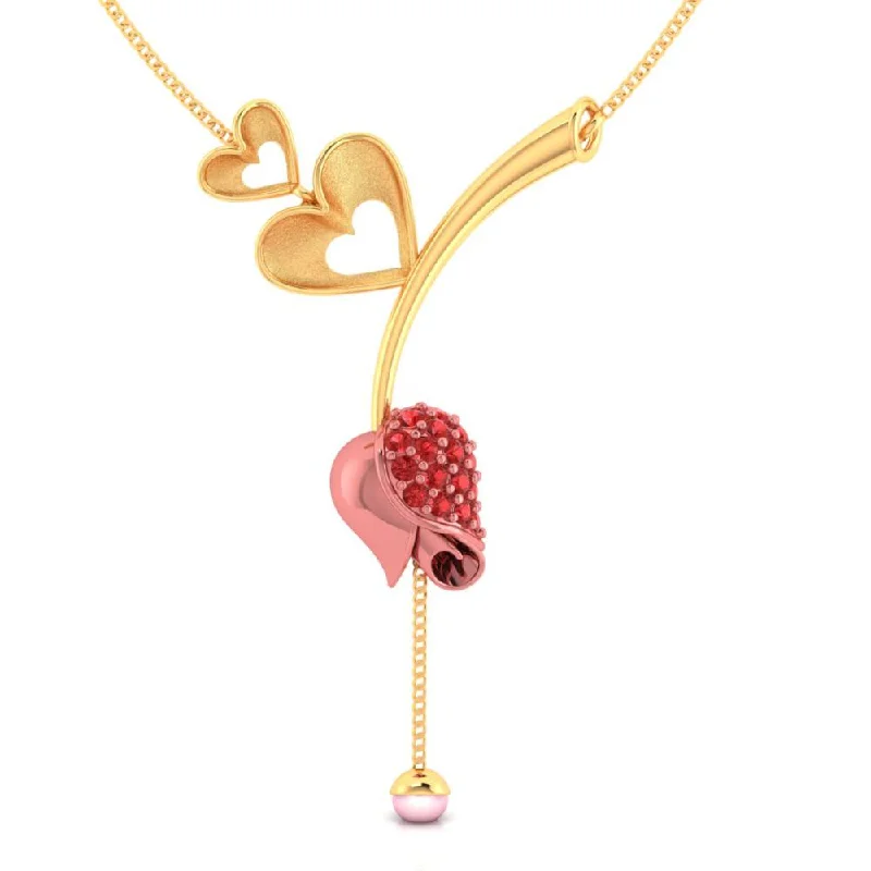 necklaces for bold fashion -22k Gold Necklace With Double Hearts On A Stone-studded Tulip And A Pearl Drop