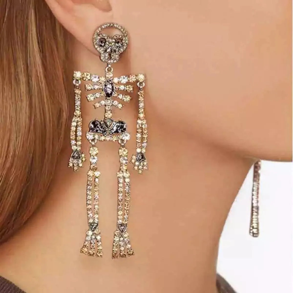 Ladies gemstone dangle earrings -Skull Skeleton Alloy Inlaid Rhinestone Earrings