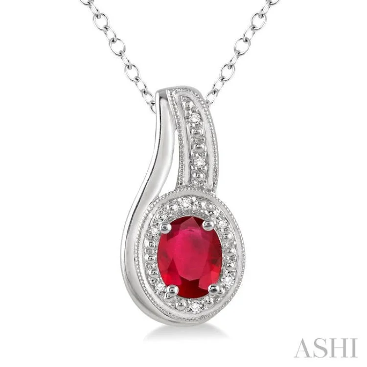 necklaces with orange garnet -6x4 MM Oval Cut Ruby and 1/50 Ctw Round Cut Diamond Pendant in Sterling Silver with Chain